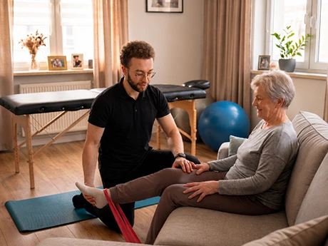 Fizjoterapeuta w trakcie rehabilitacji pacjentki w jej domu
